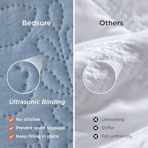 Image of Bedsure Quilt King Size - Ultra Soft Pre-Washed Cloud-Like Bedding, All-Season Lightweight Comforter for Country Bedroom, Leaf Design Coverlet in Mineral Blue, 106 x 96 Inches