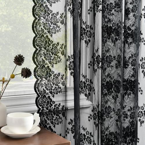 Kotile Black Lace Curtains 72 Inches Long 2 Panels Country Rustic Floral Goth Sheer Curtains for Bedroom Rod Pocket Vintage Privacy Sheer Lace Curtains 42 x 72 Inch Each 1 Pair Black