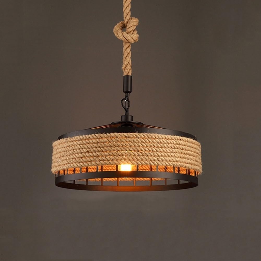 BLOOHK Industrial Hemp Rope Pendant Light, Rustic Metal Cage Drum Hanging Fixture, Farmhouse Vintage Ceiling Lamp for Kitchen Island, Bar, Dining Room