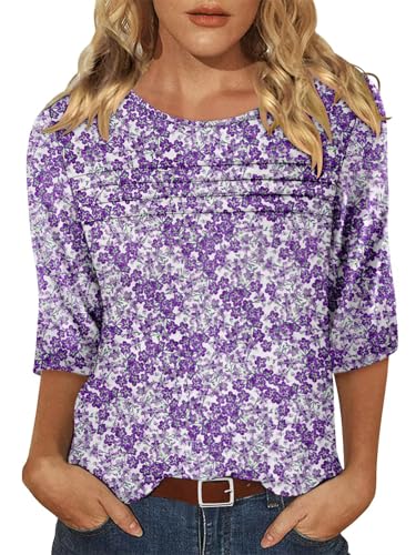KISSMODA Women's Casual 3/4 Sleeve T-Shirts Round Neck Cute Tunic Tops Basic/Pleated Summer Tops Trendy Spring Blouses