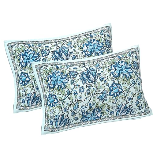 Image of Living Roots Jaipuri Hand Block Print Double Cotton Bedsheet & 2 Pillow Covers, for Mattress Upto 8 inches Thick, No Colour Bleeding, Blue Colour, Super King Size 96 * 104 inches, 150TC (580-C)