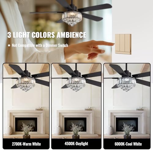 Image of Crystal Fandelier Ceiling Fan with Light,Chandelier Ceiling Fan with Remote and APP Control,Quiet Light for Bedroom, 3 Color Temperature, 52 Inch vintage ceiling fan With 6 Speeds
