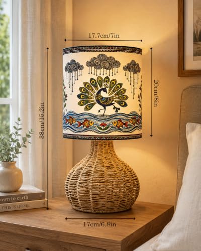 Image of Homesake Handwoven Rattan Table Lamp with Madhubani Art Printed Fabric Shade, Decorative Raffia Spinning Bedside Lamp, Boho Table Lamp with E27 Holder, Living Room, Bedroom & Home Decor