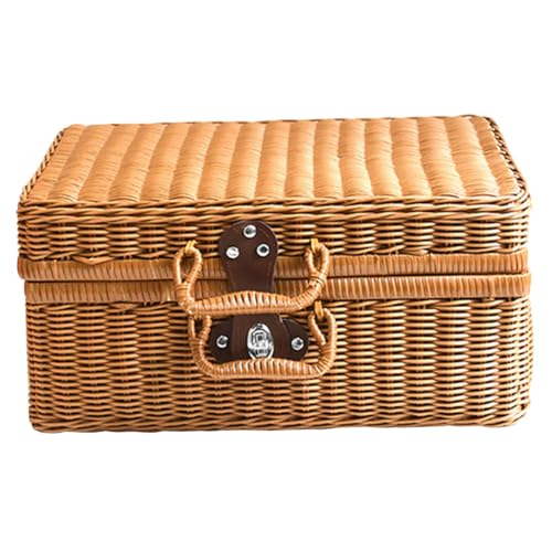 Luxshiny Estuche de Almacenamiento Vintage de Ratán Simulado 35x24x12 Cm, Caja Tejida a Mano Color Caqui, Multifuncional para Picnic y Organización Hogar