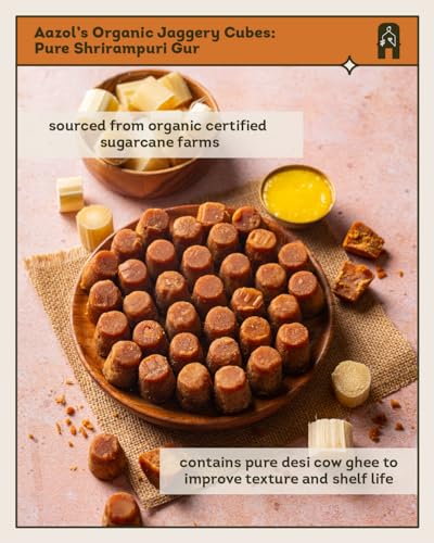 Image of Aazol Organic Jaggery Cubes: Pure Shrirampuri Gur - 1.95kg (650g - Pack of 3) | Natural & Organic | Made with Pure Desi Cow Ghee | Best Texture | Long Shelf Life