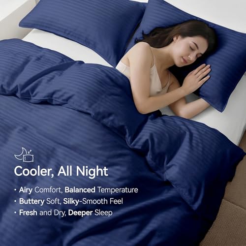 Cooling Duvet Cover Set Full/Queen for Hot Sleepers | 100% Viscose Derived from Bamboo | Silky Soft & Breathable | 3 Piece with Zipper & 6 Loops (Jacquard Navy) by HOT SLEEPER SHEETS - Used condition - Image 2
