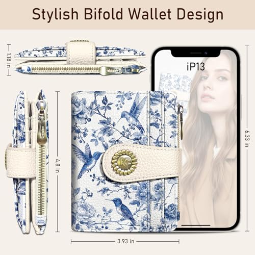Image of Kelvoris Bird Small Rfid Women Wallet Bifold Zipper Coin Pocket | PU Leather Compact Cash Credit Card Holder Travel Purse for Female Ladies Teen Girls 1 ID Window 10 Card Slots