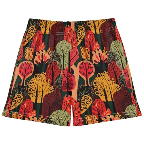 Girls Athletic Lounge Shorts Colorful Autumn Forest Red Tree Print Comfy Pajama Sleepwear for Teens Kids, X-Small