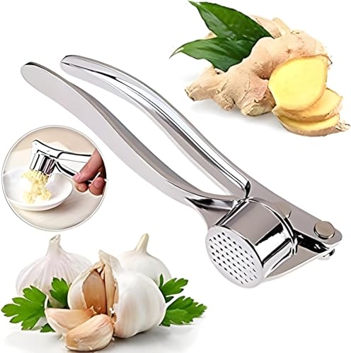 Image of Quick Garlic Press Crusher - Stainless Steel Garlic Mincer & Ginger and Garlic Crusher, Manual Curved Grinder with Garlic Peeler Tool & Chopper (Medium Size)