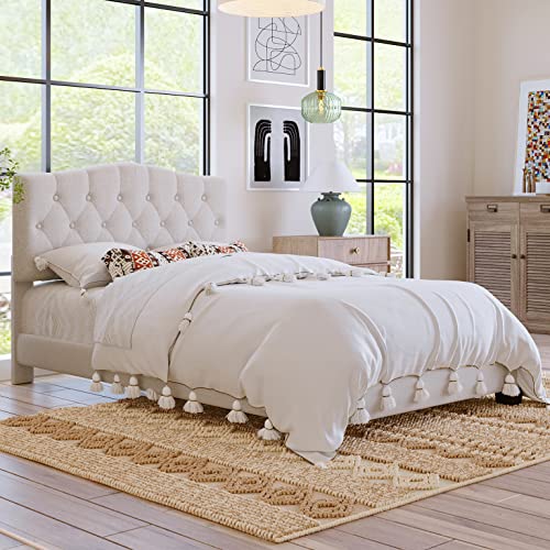 Anwick Full Upholstered Bed Frame, Upholstered Platform Bed Frame, Upholstered Button Tufted Platform Bed, Mattress Foundation, Easy Assembly, Strong Wood Slat Support (Beige, Full) #TOP2