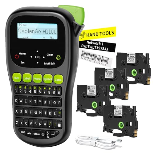 VolenGo Label Maker Machine with 4 Tapes, Wire Label Maker Waterproof-Labels, Laminated Handheld Label Printer, Backlit & Portable & One-Touch Key, H1100 Labeler for Industrial Office Organization