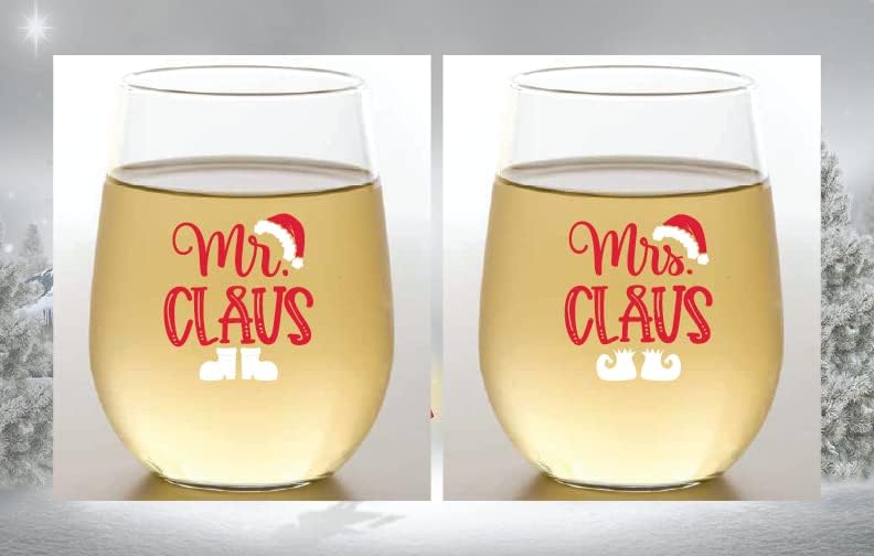 Set of 2 Shatterproof Designer 16 oz. Plastic Wine Glasses MADE in the USA with Gable Box Packaging, Great Gift (MR. AND MRS. CLAUS)