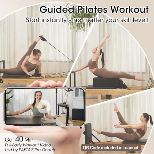 Pilates Reformer, PAETA Wooden Foldable Pilates Reformer Machine with Springs, Pilates Machines for Home Use and Studio, Pilates Equipment with Sitting Box, Jump Board and Accessories