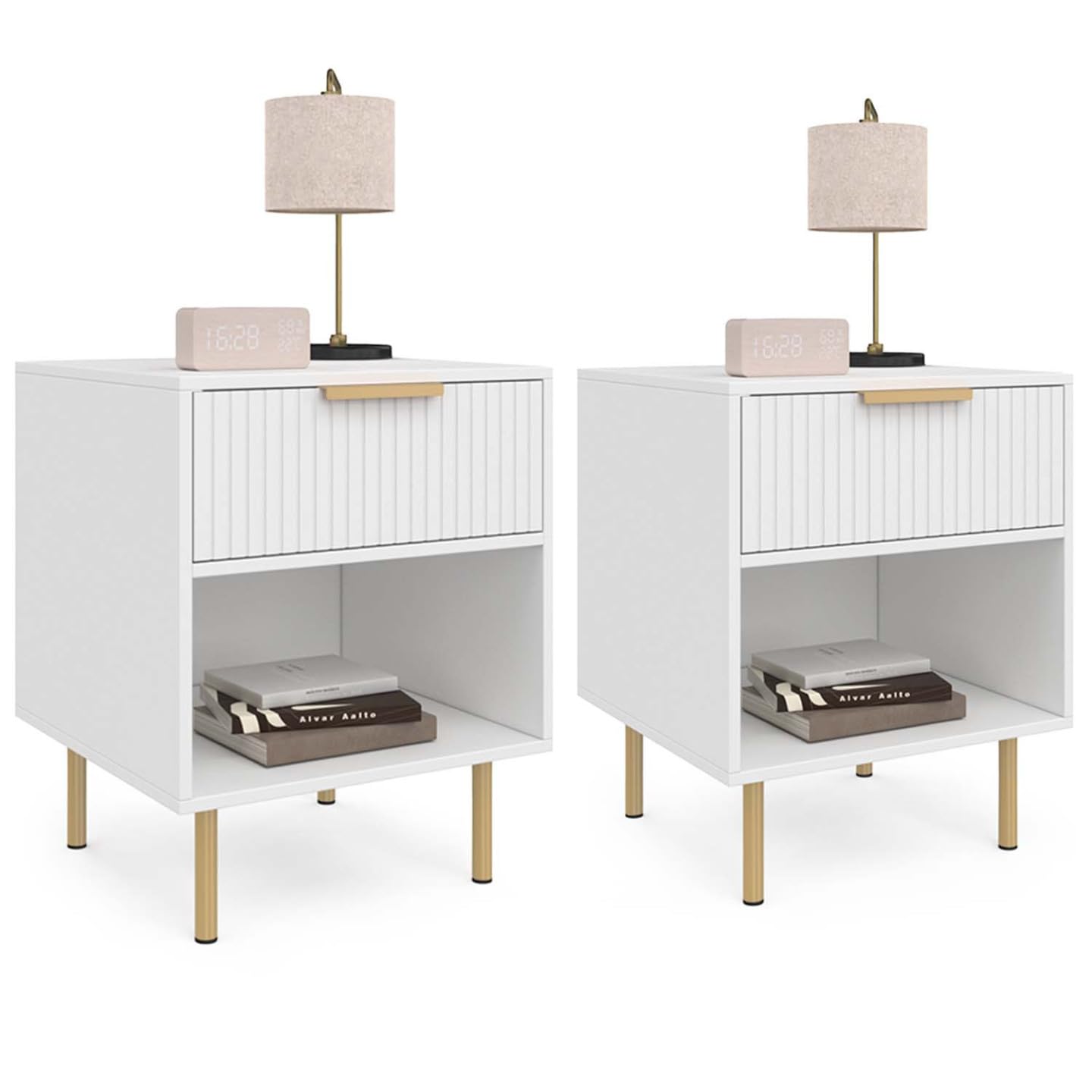 IDMarket - Lot de 2 Tables de Chevet Marcel Effet Lattes Blanc et doré