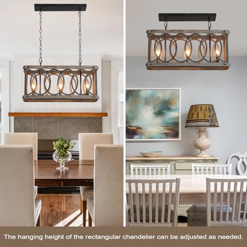 PHILOMENA Antique Wood Farmhouse Chandelier, 3-Light Rustic Bronze Cage Rectangular Dining Room Light Fixtures Over Table, Rectangle Linear Foyer Pendant Lamp Ceiling Hanging - Image 3