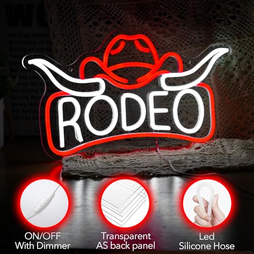 Image of Rodeo Neon Sign, Cowboy Cowgirl Hat Longhorn Led Light, Western Neon Light, Bull Horn Led Sign, Country Living Room Wall Decor, For Adult Boy Bedroom Bar Hotel Party Birthday (16.7 x 9.4 in)