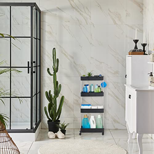 Relaxdays Nischenwagen, Kunststoff, HBT 98 x 15,5 x 40,5 cm, schmales Nischenregal Bad, Küche, 4 Haken & Fächer, schwarz