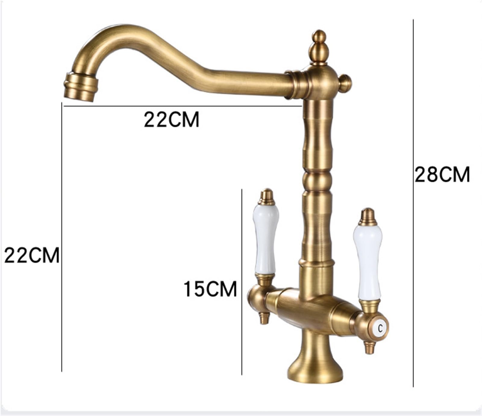 Bateria kuchenna z antycznego mosiądzu z dwoma uchwytami, obracana o 360° wylewka, idealna do napełniania garnków i zlewozmywaków. Elegancki złoty design i funkcjonalne akcesoria kuchenne.