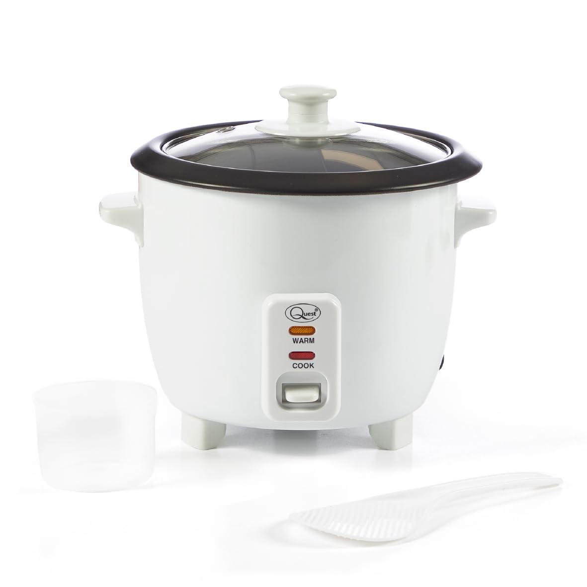 Quest 0.8 Litre Rice Cooker/Up To 4 Servings/Food Warmer Function/Non-Stick Inner Pot/Clear Viewing Lid/With Spoon & Measuring Cup / 350W (35530)