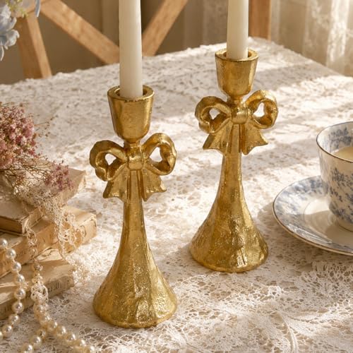 HUSTY CUSTY Vintage Gold Bow Taper Candle Holder 2 Pack Home Decor