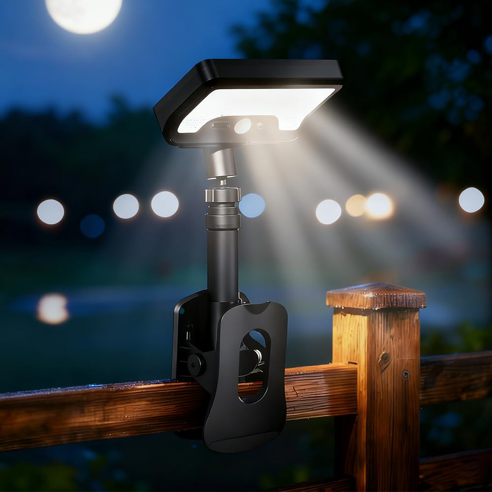 Clip On Solar Motion Sensor Light Outdoor, 600LM 3 Modes IP65 Waterproof, Adjustable Angle 1-Second Installation for Fence, Camping, Deck &amp; Gutter(Black)