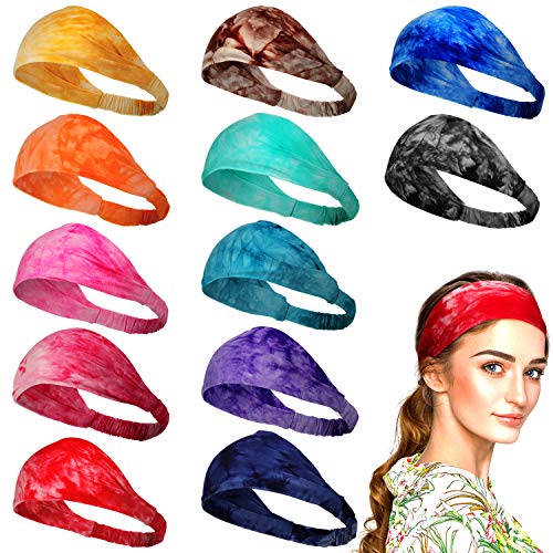 12 Pieces Tie Dye Headbands Bandana Elastic Yoga Wide Headwraps Colorful Wide Stretchable Sports Running Hairband for Girls Women, Assorted Colors