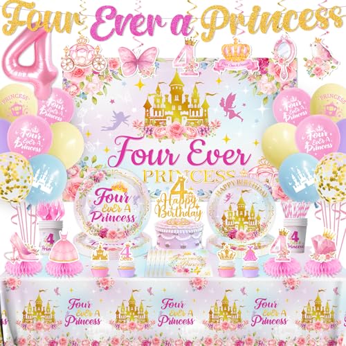 Four Ever A Princess Birthday Decorations Tableware 197pcs 4th Birthday Decorations Girl Plates and Napkins Cups Tablecloth Banner Honeycomb for Princess 4th Birthday Party Decorations Serve 24