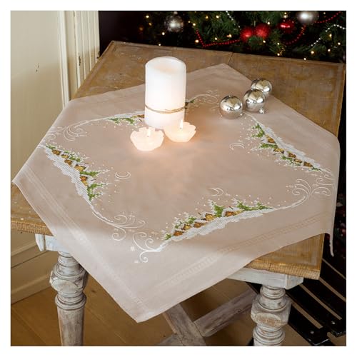 Vervaco Kreuzstich Stickpackungen Tischdecke Winterdorf im Schnee Stickdecken Vorgezeichnet Basteln Erwachsene Kreativ Set Vorgedruckte Decke Sticken 80 x 80 cm Stickset DIY Sticken Set