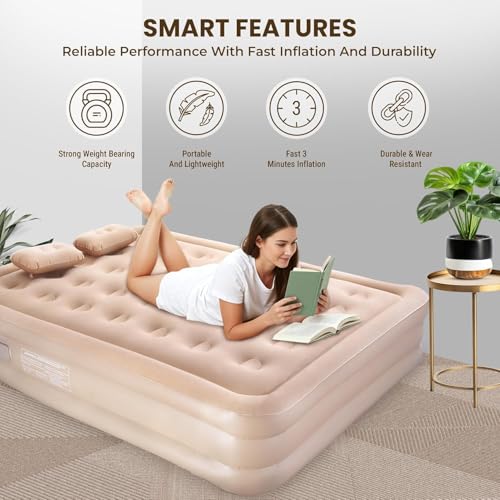 Image of Double Bed Air Mattress with Built in Electric Pump Queen Size Inflatable Sleeping Bed Waterproof Flocked Surface Foldable Air Bed with Pillow Carry Bag for Home Travel Camping Guest Use