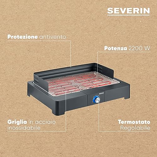 SEVERIN PG 8565 Barbecue elettrico 2200 W in acciaio inox regolabile fino a 250°, Grill elettrico per interni ed esterni con LED, Griglia da tavolo o balcone, fumo e odori ridotti, Nero - immagine 5