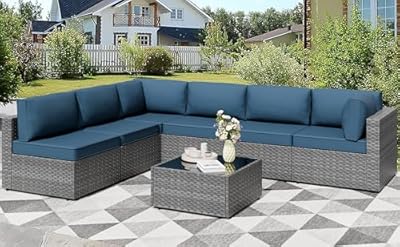Shintenchi 7 Pieces Outdoor Patio Furniture Sets, Patio Sectional Sofa Couch, Gray PE Wicker Furniture Modular Patio Conversation Sets Patio Sofa with Washable Cushions, Aegean Blue