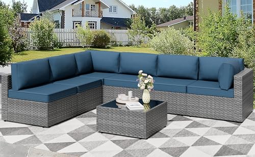 Shintenchi 7 Pieces Outdoor Patio Furniture Sets, Patio Sectional Sofa Couch, Gray PE Wicker...