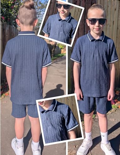 Image of Arshiner Boys 2 Piece Outfits Button Polo Shirt & Elastic Shorts 4-13 Years