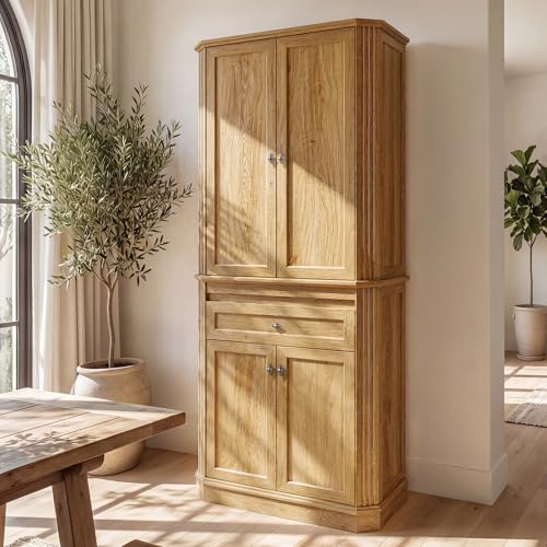 Image of 72.2 inch Tall Kitchen Pantry Cabinet with Doors, Farmhouse Storage Cabinet with Charging Station & LED Light, Drawer, Adjustable Shelves and Pull-Out Shelves, Oak Wood Pantry Cupboard for Dining Room