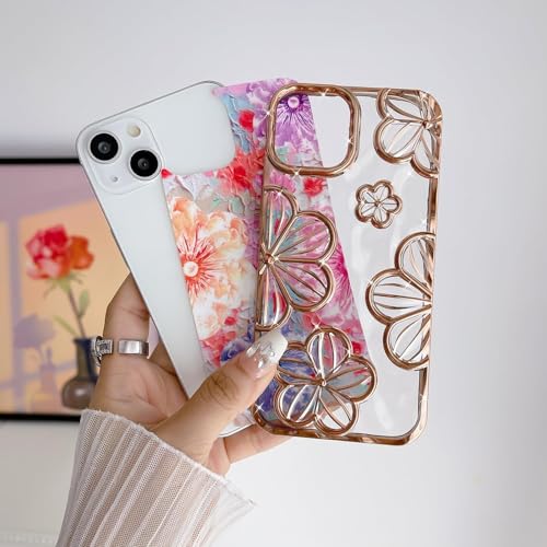 Image of mobistyle Designed for iPhone 15 Cover| Electroplating Colourful Flower 3D TPU Camera Protection Back Cover Case for Women Girls (Flower Gold)