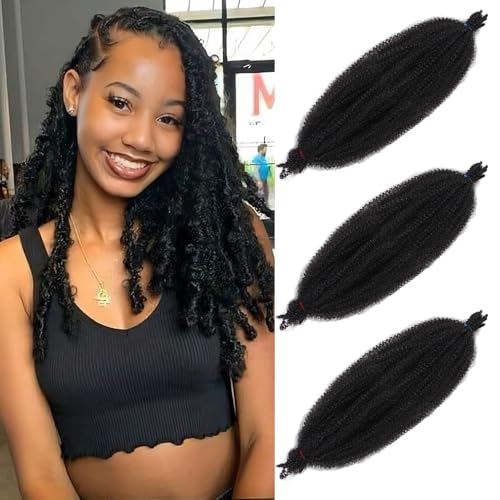 Samtress 18 Inch Springy Afro Twist Hair 3 Packs Black Springy Afro Twist Braids Kinky Marley Braiding Hair for Pre-fluffed Natural Afro Twist Braids Synthetic Wrapping Hair for Soft Locs (#1B)