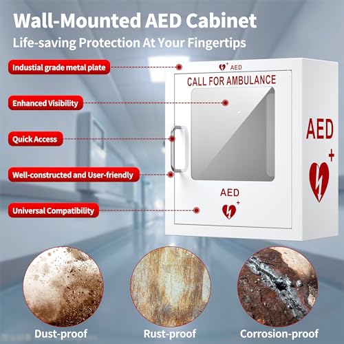 Image of AED Cabinet with Industial-Grade Steel Metal Plate See-Through Window Wall-Mounted Aed Cabinet Fits All Brands of AED Defibrillators, | Rust-Proof | Corrosion-Proof | 14.2 x 7.1 x 15.7 Inches