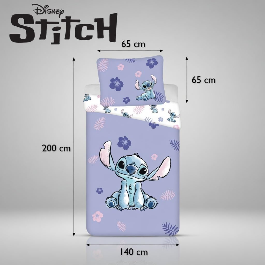 Stitch Lilo Blu Viola Copripiumino Singolo 140x200 + Federa 65x65 Cotone | Set lenzuola reversibile | Cotone naturale traspirante Oeko-Tex | Disney | Teen | Regalo | Lavabile in lavatrice