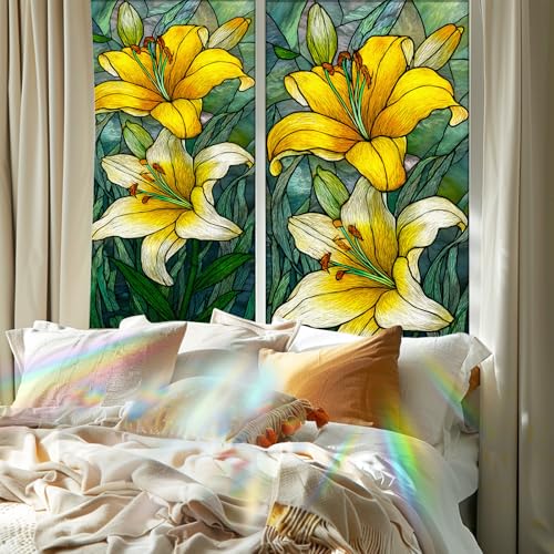 Image of Nuxovilar Gothic Rainbow Yellow Flower Pattern Window Film 17.5x39.3 PVC | Yellow Flowers, Gothic Decal fresh floral sticker, rainbow glass wrap for bedroom living room home (Yellow Floral)