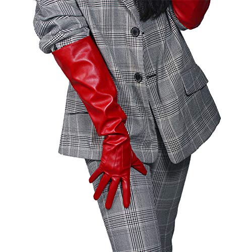 DooWay 20-Inch Faux Leather Mittens With Wide Sleeves - Cosplay Dress Finger Elbow Long Opera Gloves for Club Party (Red)