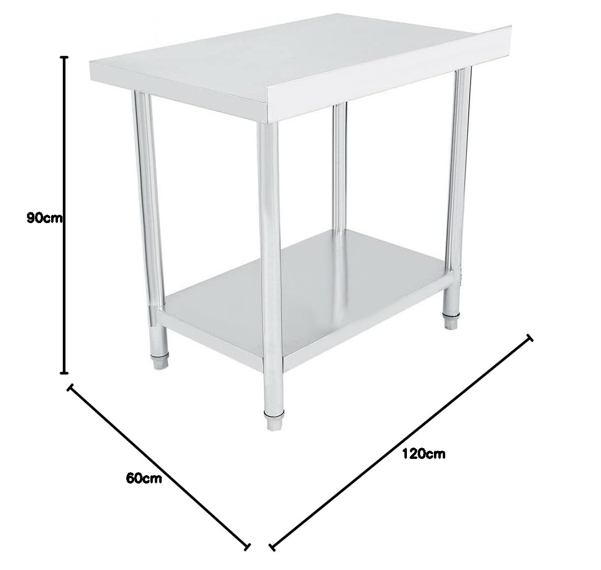 WT2448B - Tavolo da lavoro da cucina con alzata, piedini regolabili, gastronomia, in acciaio inox, 120 x 60 cm, in acciaio inox
