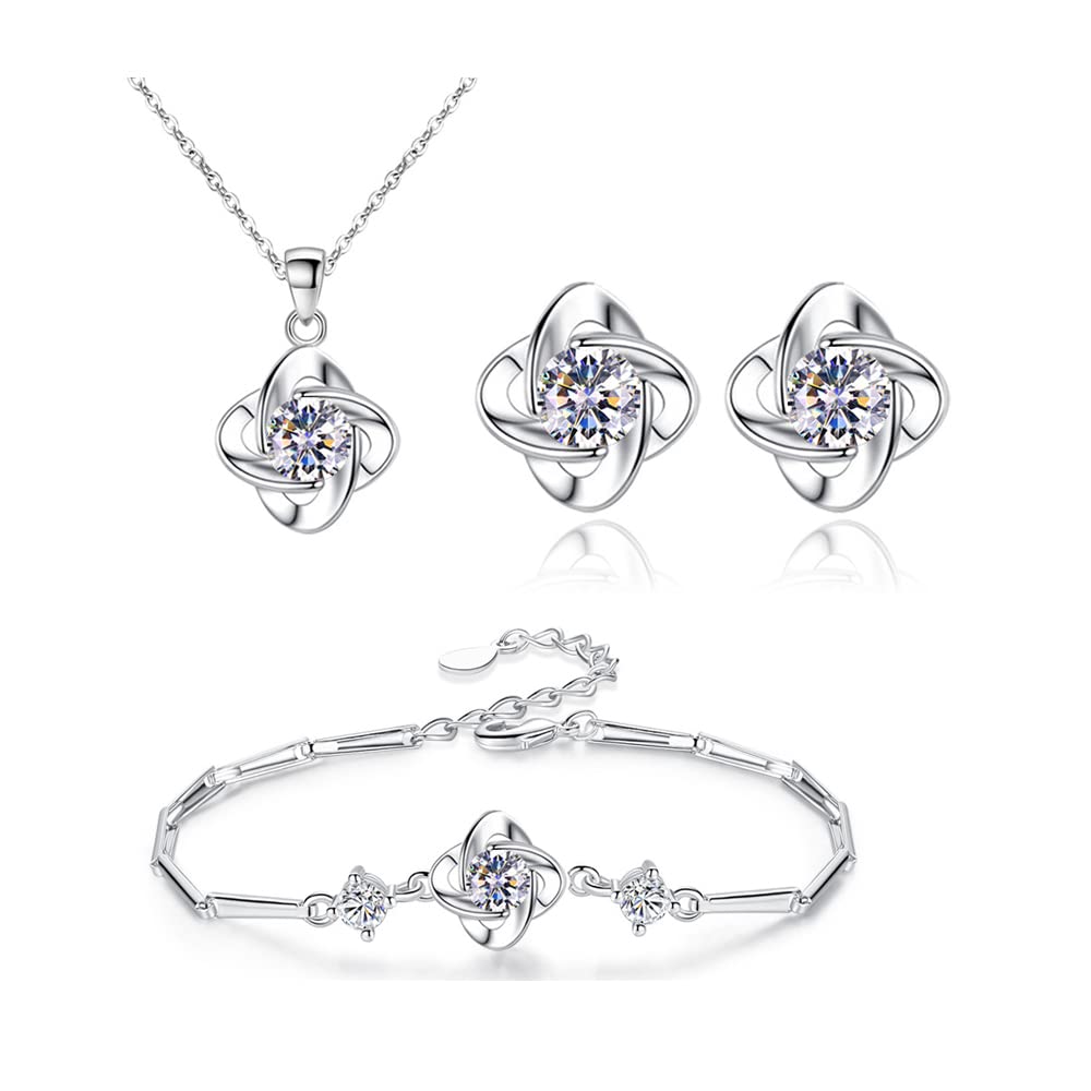 FFWTPY Conjunto de Joyas de Trébol de Cuatro Hojas de Plata para Mujer Juego de Cristal Collar Colgante Pendientes y Pulsera de Boda Juego de Joyas con Circonitas para Niñas Novia