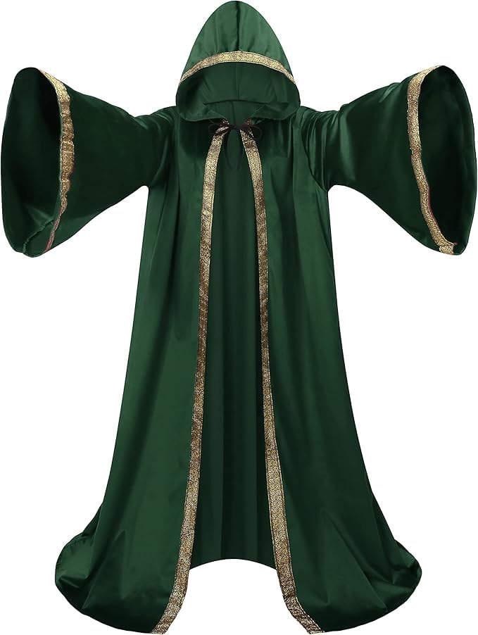 DELIVESS Unisex Velvet Wizard Robe Wizard Cloak Cosplay Renaissance Costume Halloween (59.06", Green)