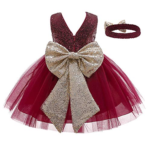 WangsCanis Robe de Baptême Bébé Fille avec Paillettes Dentelle Elégante Robe de Princesse avec Nœuds pour Fête de Cérémonie d'anniversaire (Paillettes-Rouge, 18-24 Mois)