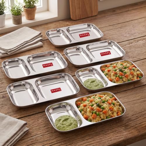 Image of HAZEL Steel Section Plate Set of 6 | 2 in 1 Plates Snacks Serving Tray