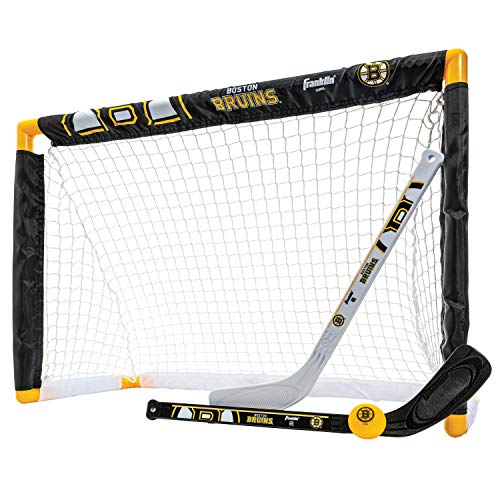 Franklin Sports Boston Bruins Mini Hockey Set - Knee Hockey Goal, Ball, & 2 Hockey Stick Combo Set - Mini Goal Net - NHL Official Hockey Set