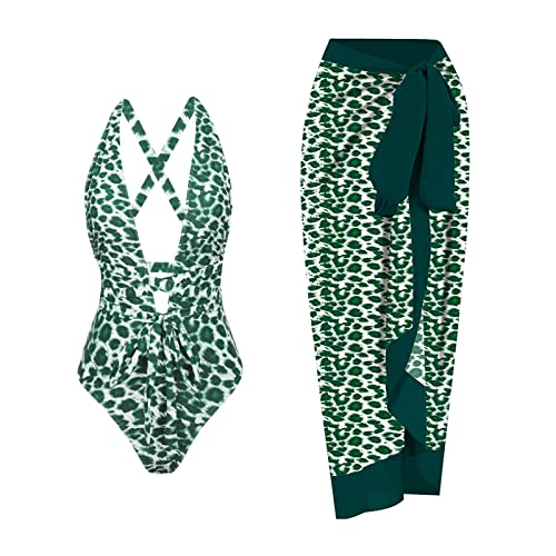 Bikini Cristal Body Traje de Baño de Playa para Mujer Tropical Ruffle Halter Bikini Traje de Baño con Cover Up Wrap Falda Mujer de Gasa Tie Wrap Falda Bikini Verde, 6-ag, M