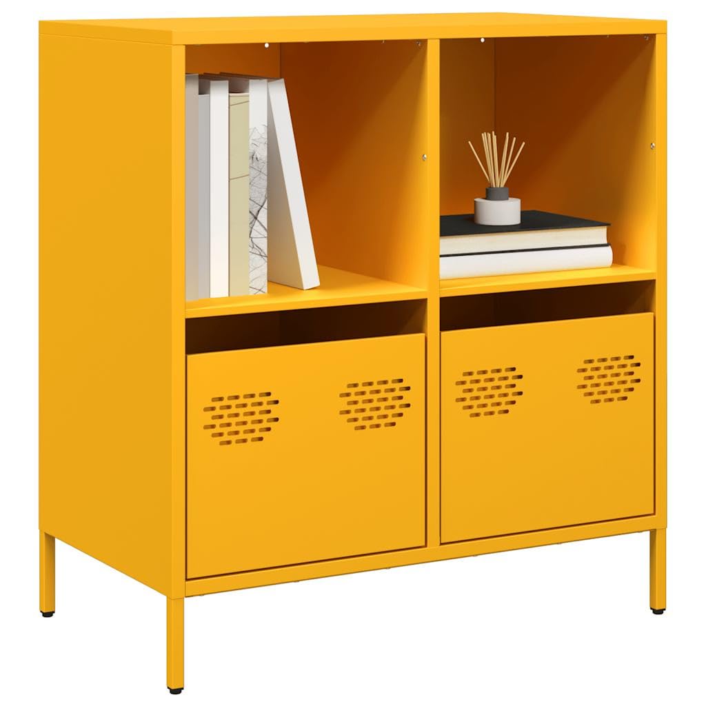 Credenza gialla senape, 68 x 39 x 73,5 cm, in acciaio laminato a freddo, con 2 cassetti, per soggiorno, corridoio