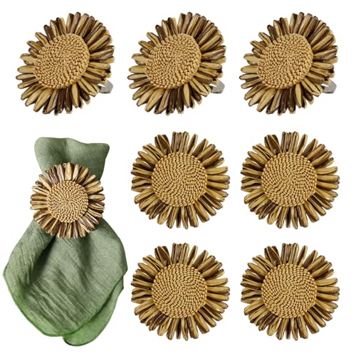 Handmade Sunflower Napkin Rings Set of 8, Bronze Raffia Daisy Napkin Ring, Braided Floral Napkin Holders for Mother's Day, Table Decor, Wedding, Family Gathering(Bronze)