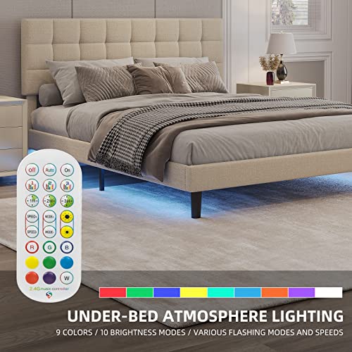 Upholstered Led Bed Frame Queen With Adjustable Headboard, Modern Queen Size Platform Bed Frame With Led Lights, Strong Wood Slats Support, No Box Spring Needed, Easy Assembly, Beige #TOP2